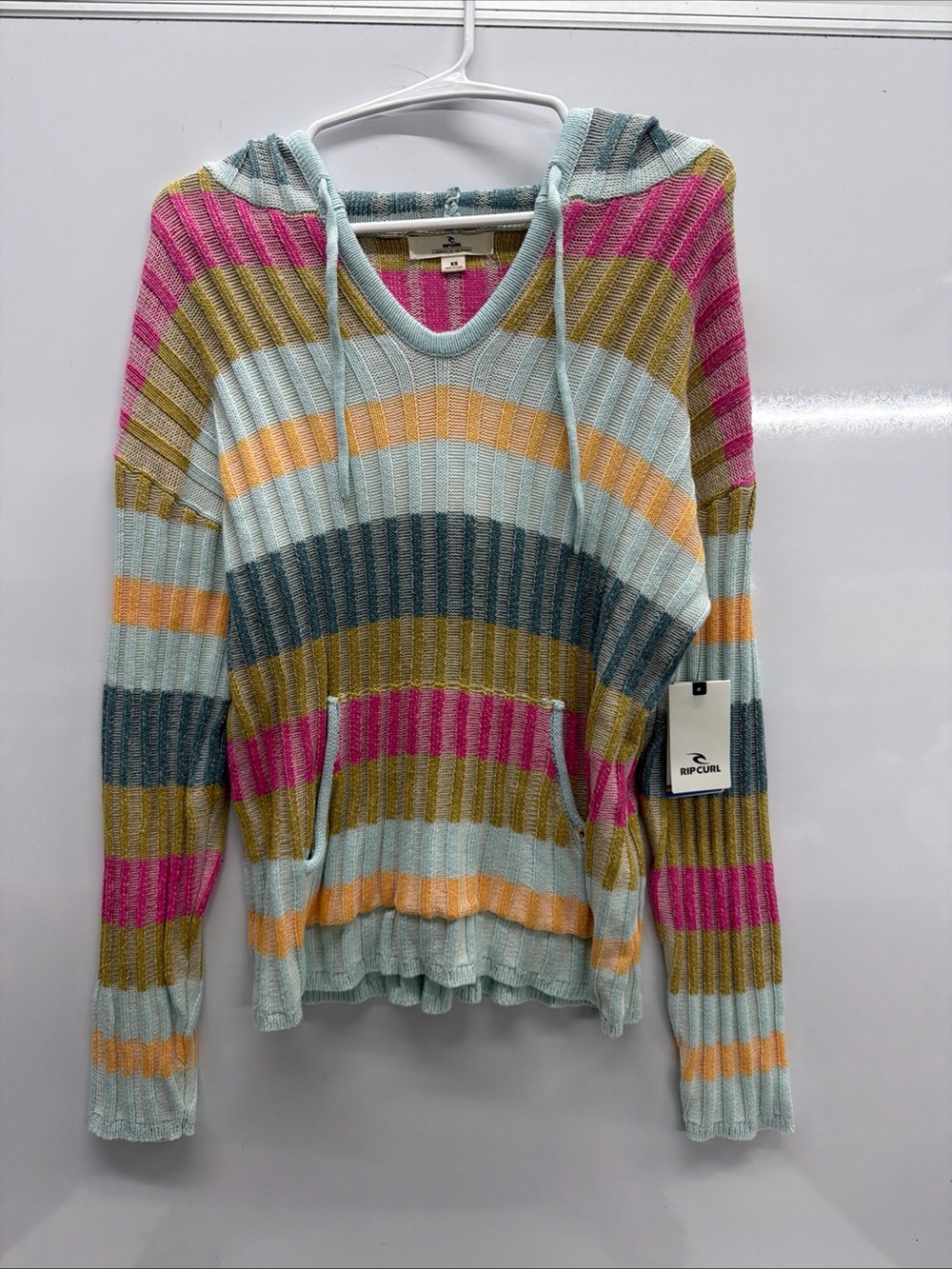 Rip Curl Multicolor Ribbed Knit Hoodie — Mint, Pink, Mustard & Teal Stripes